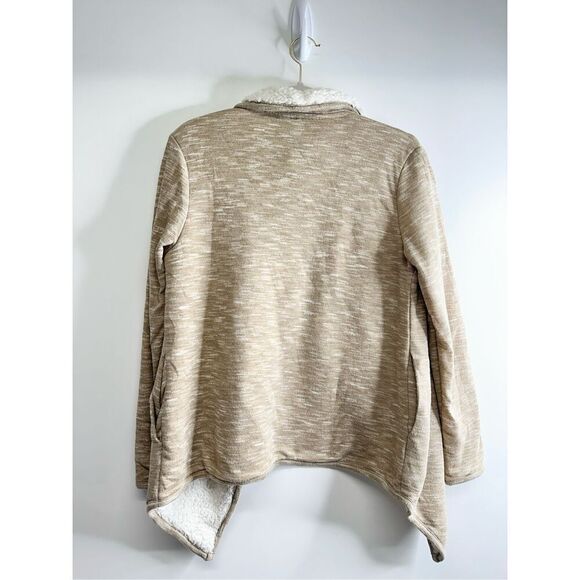 Green Tea Sherpa Lined Open Cardigan Tan Womens Size Medium Side Pockets - Picture 6 of 7